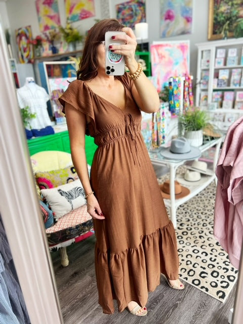 Brown Sweetheart Neckline Midi Dress