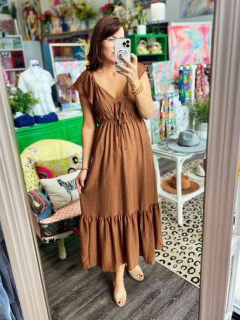 Brown Sweetheart Neckline Midi Dress