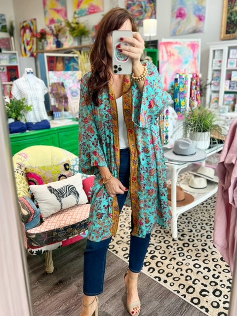 Turquoise and Rose Pink Mid-Length Kimono
