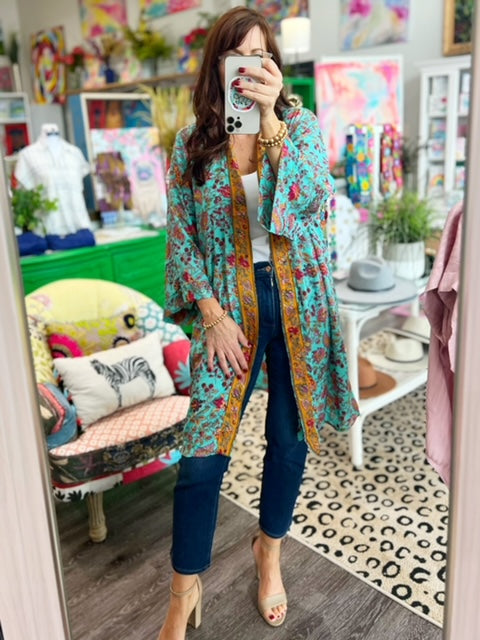 Turquoise and Rose Pink Mid-Length Kimono