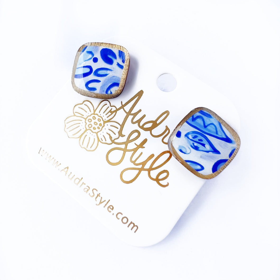 Square Stud Earring - Blue White Floral