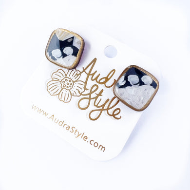 Square Stud Earring - Black Cream Abstract