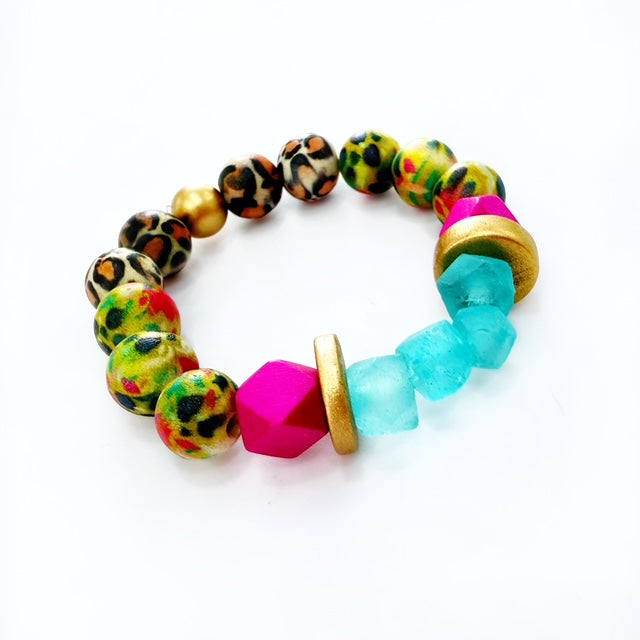 Audra Style Stretchy Stacking Bracelet - Leopard Pattern Turquoise Chartreuse Pink