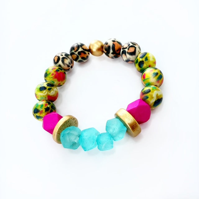 Audra Style Stretchy Stacking Bracelet - Leopard Pattern Turquoise Chartreuse Pink
