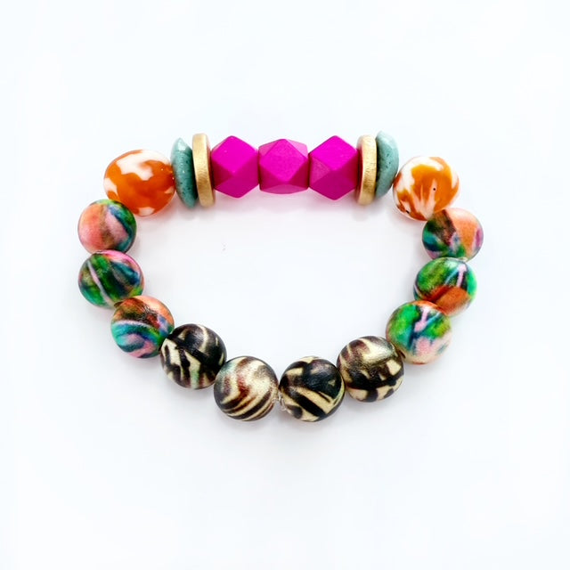 Audra Style Stretchy Stacking Bracelet - Fuchsia Orange Black