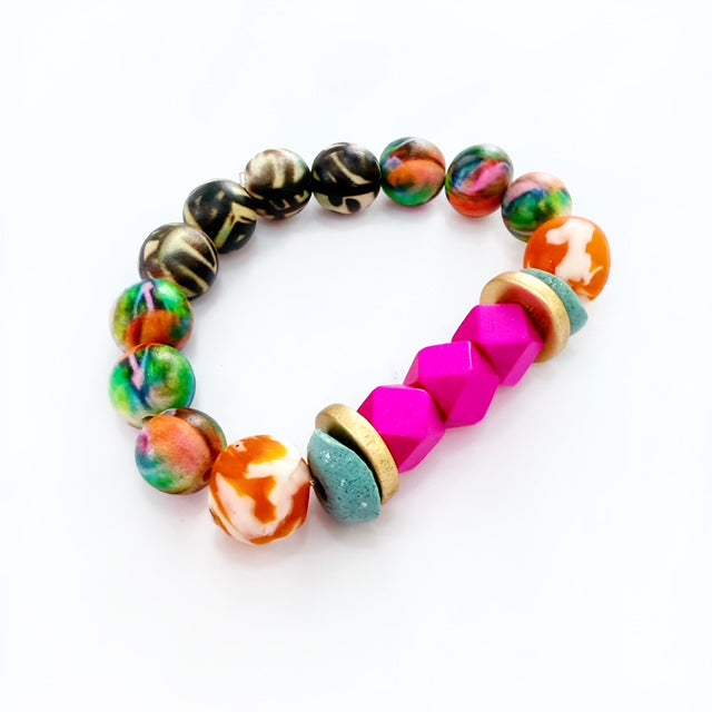 Audra Style Stretchy Stacking Bracelet - Fuchsia Orange Black