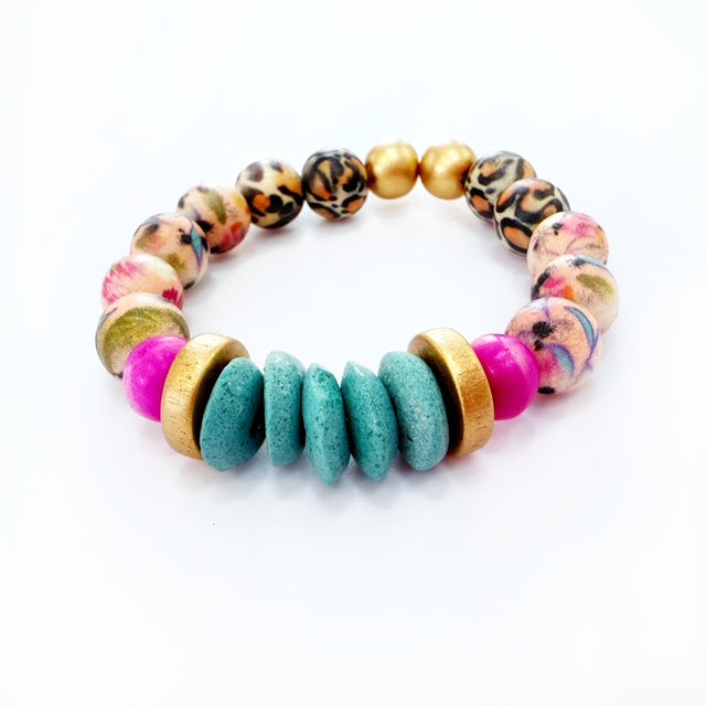 Audra Style Stretchy Stacking Bracelet - Blue Pink Leopard