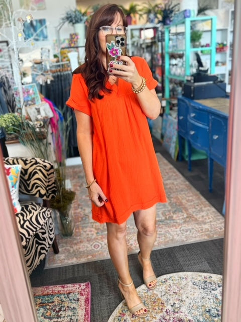 Orange V-Neck Pocket Shift Mini Dress