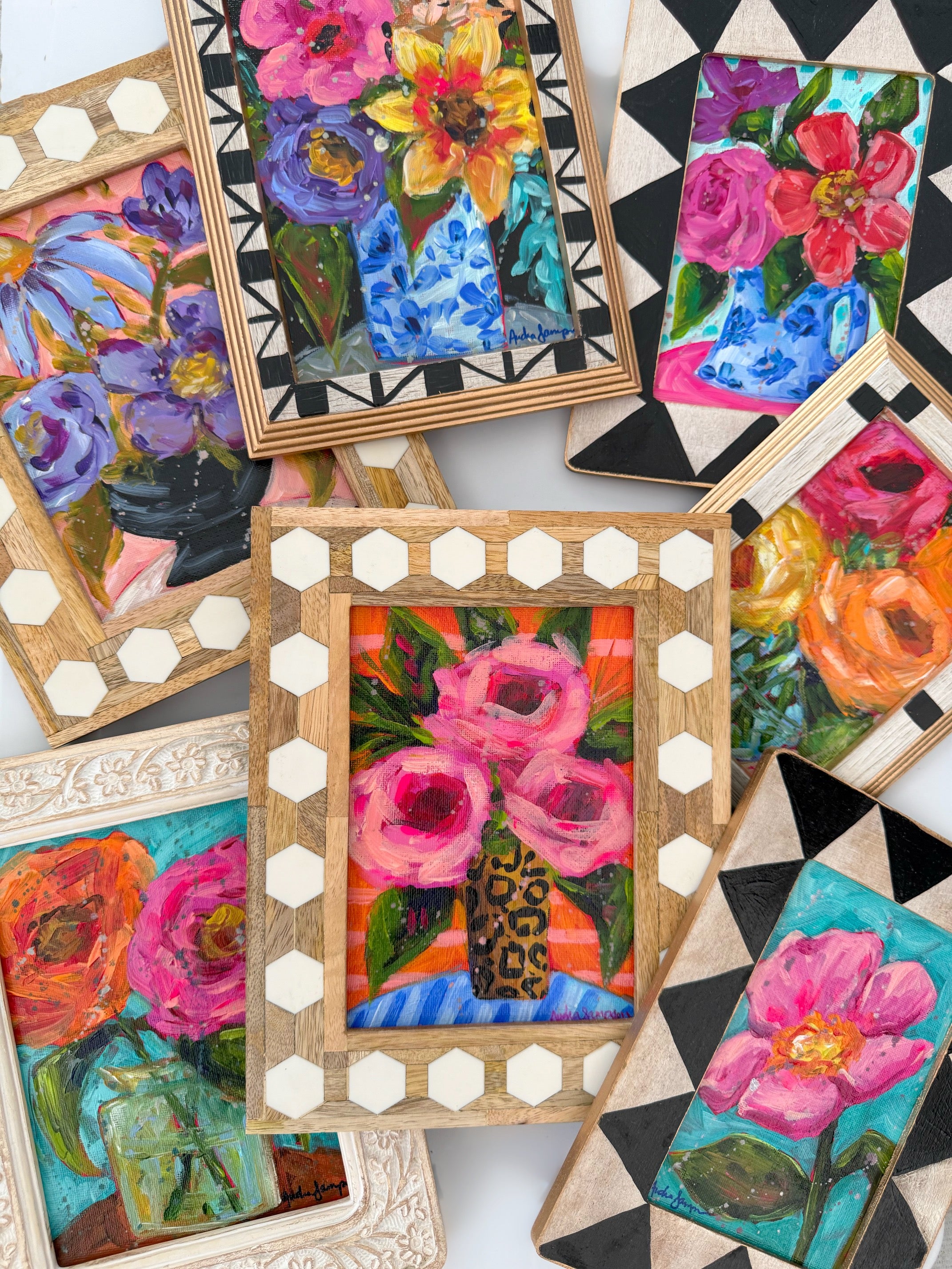 Framed Original Floral Painting on Canvas - Pink Roses with Striped Background