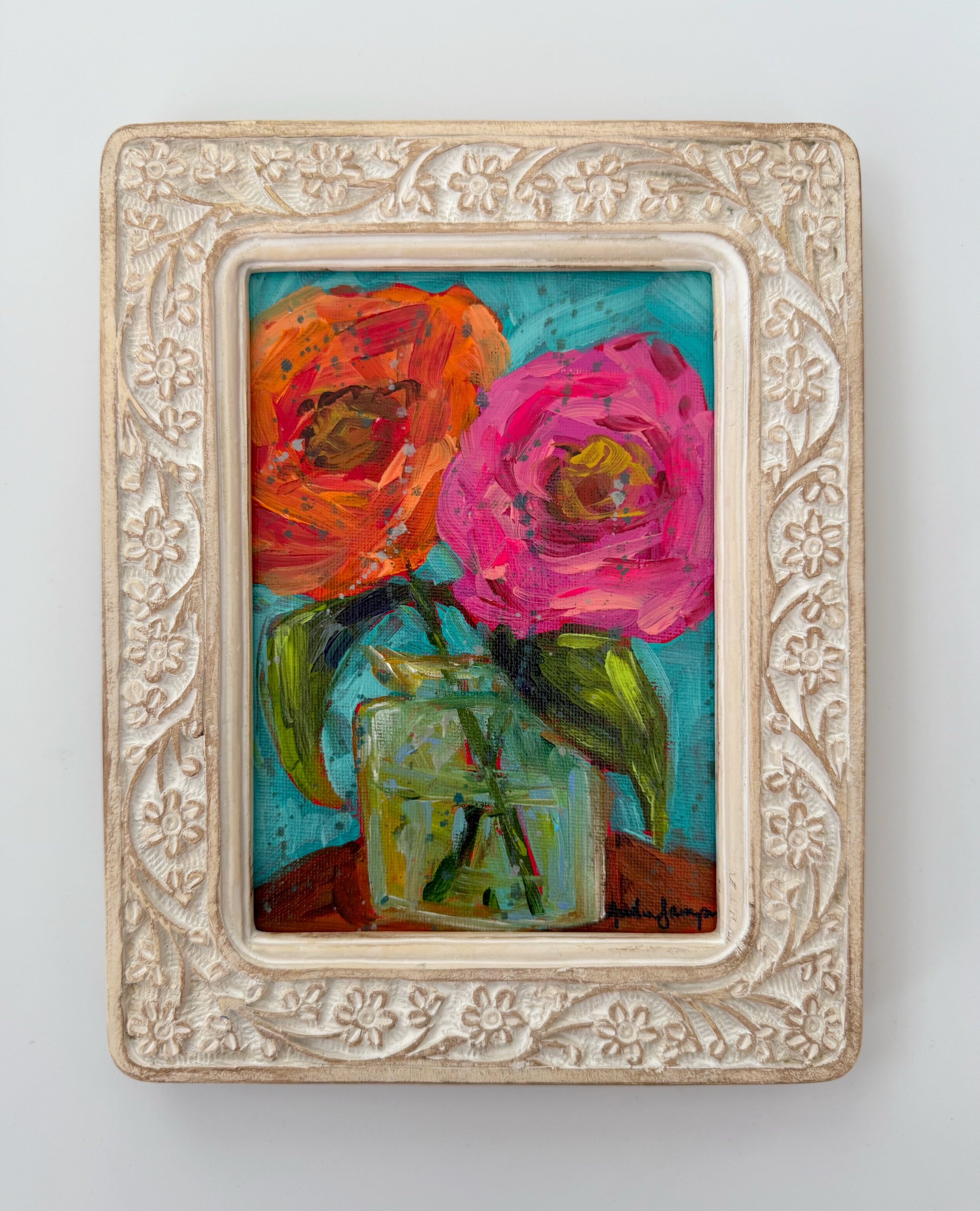 Framed Original Floral Painting on Canvas - Two Roses in Clear Vase