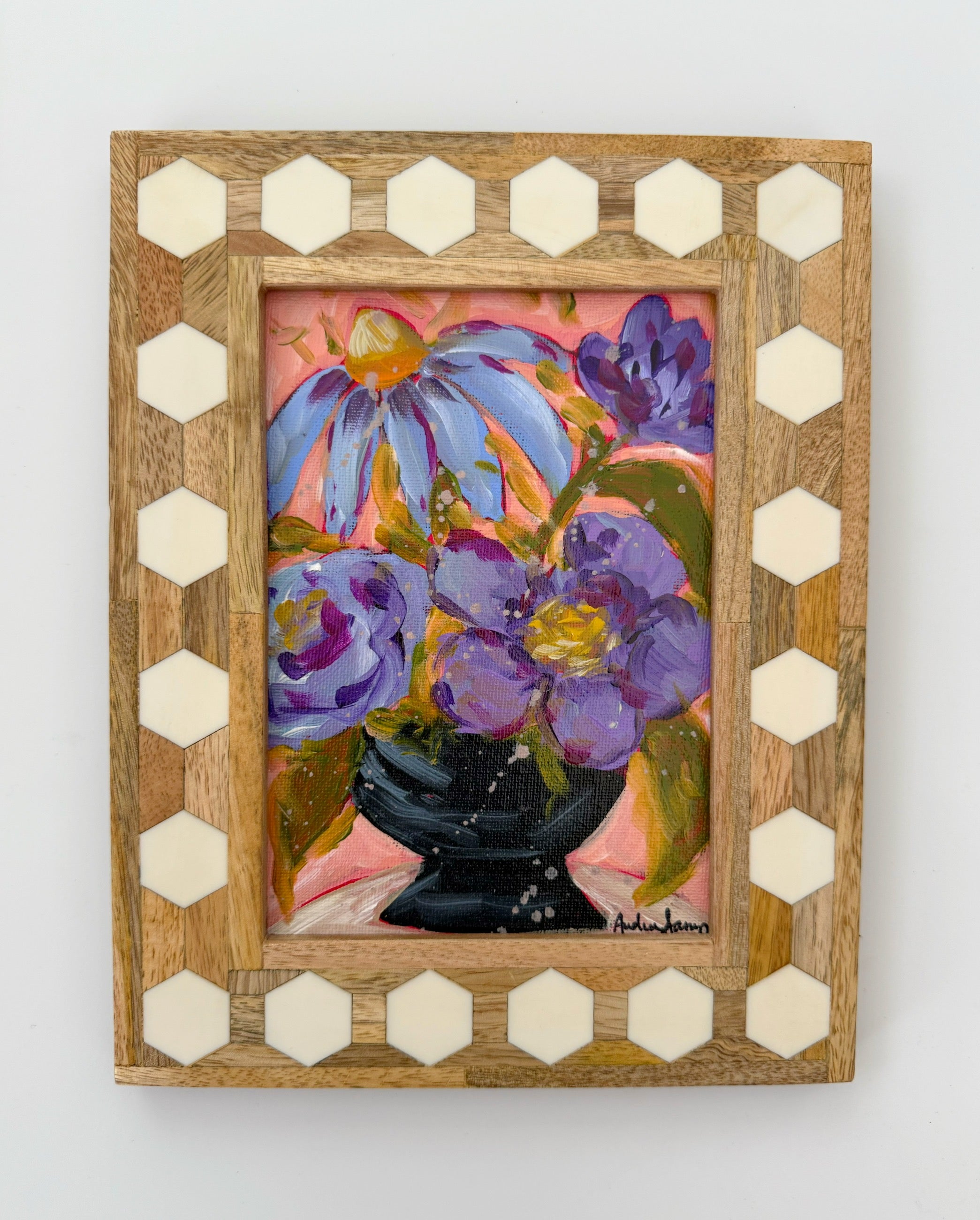 Framed Original Floral Painting on Canvas - Purple Blooms in Black Pedestal Vase