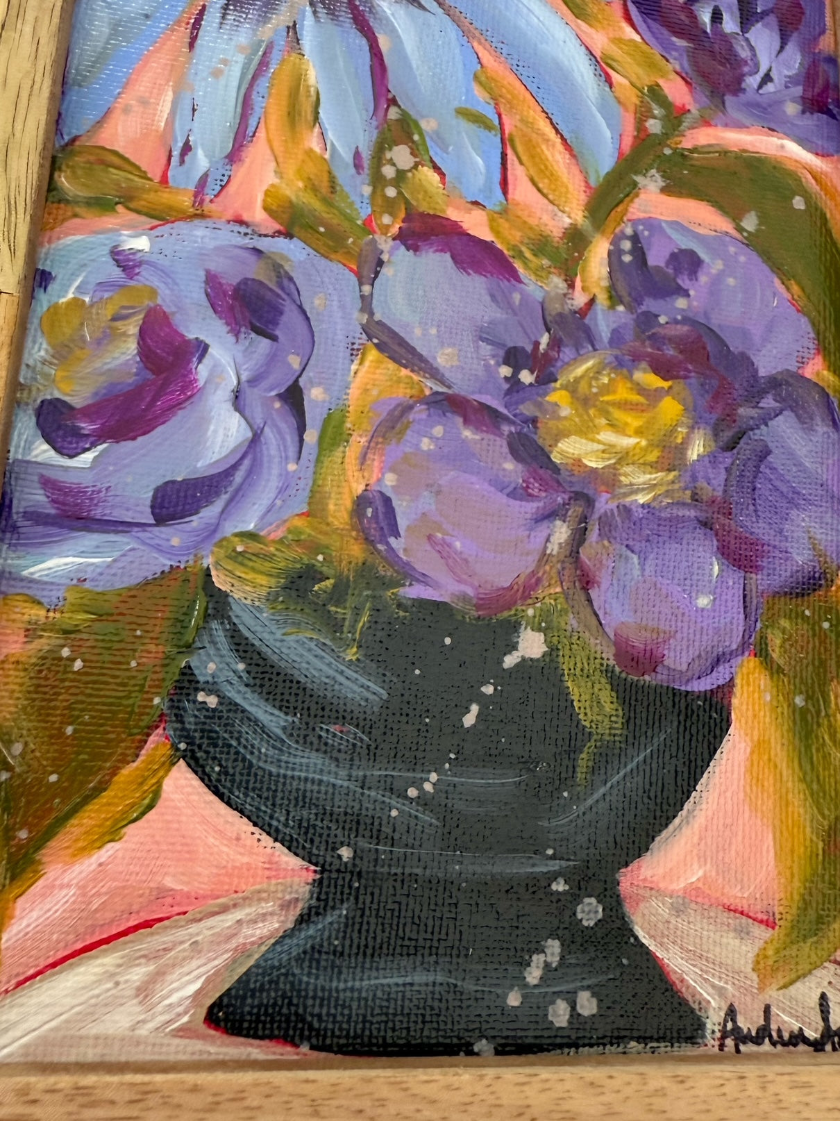 Framed Original Floral Painting on Canvas - Purple Blooms in Black Pedestal Vase