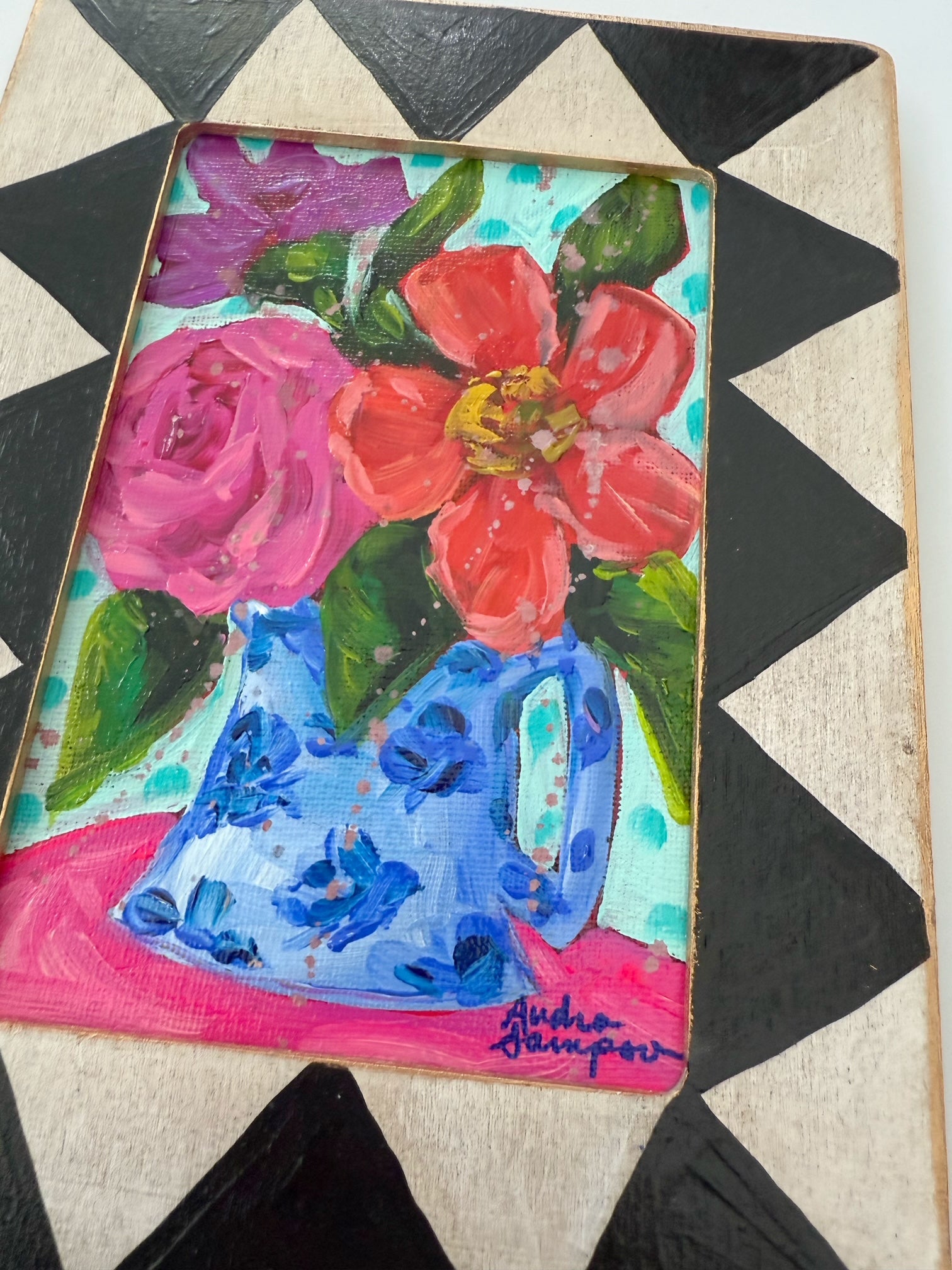 Framed Original Floral Painting on Canvas - Colorful Bouquet in Blue Floral Jug