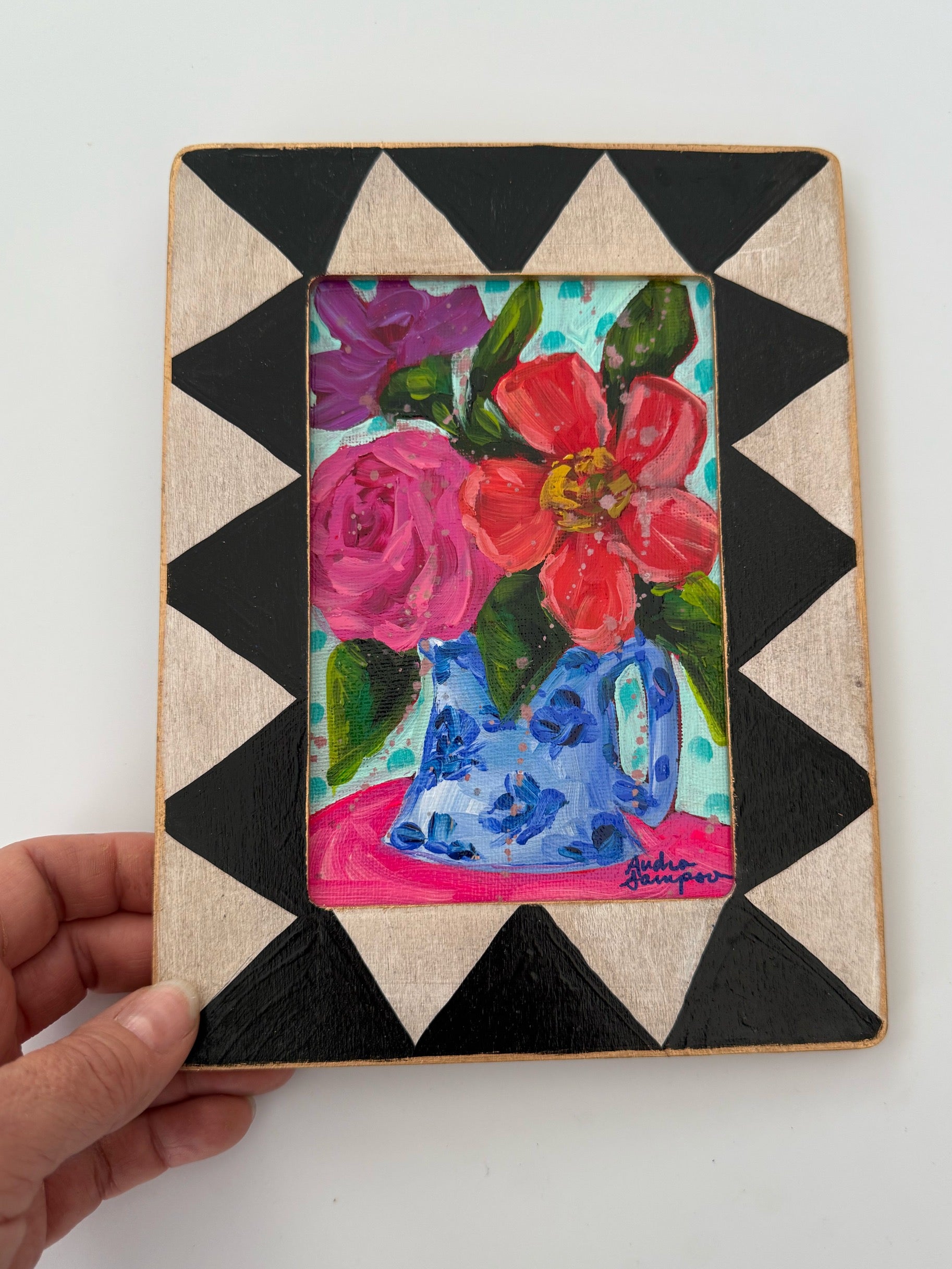 Framed Original Floral Painting on Canvas - Colorful Bouquet in Blue Floral Jug