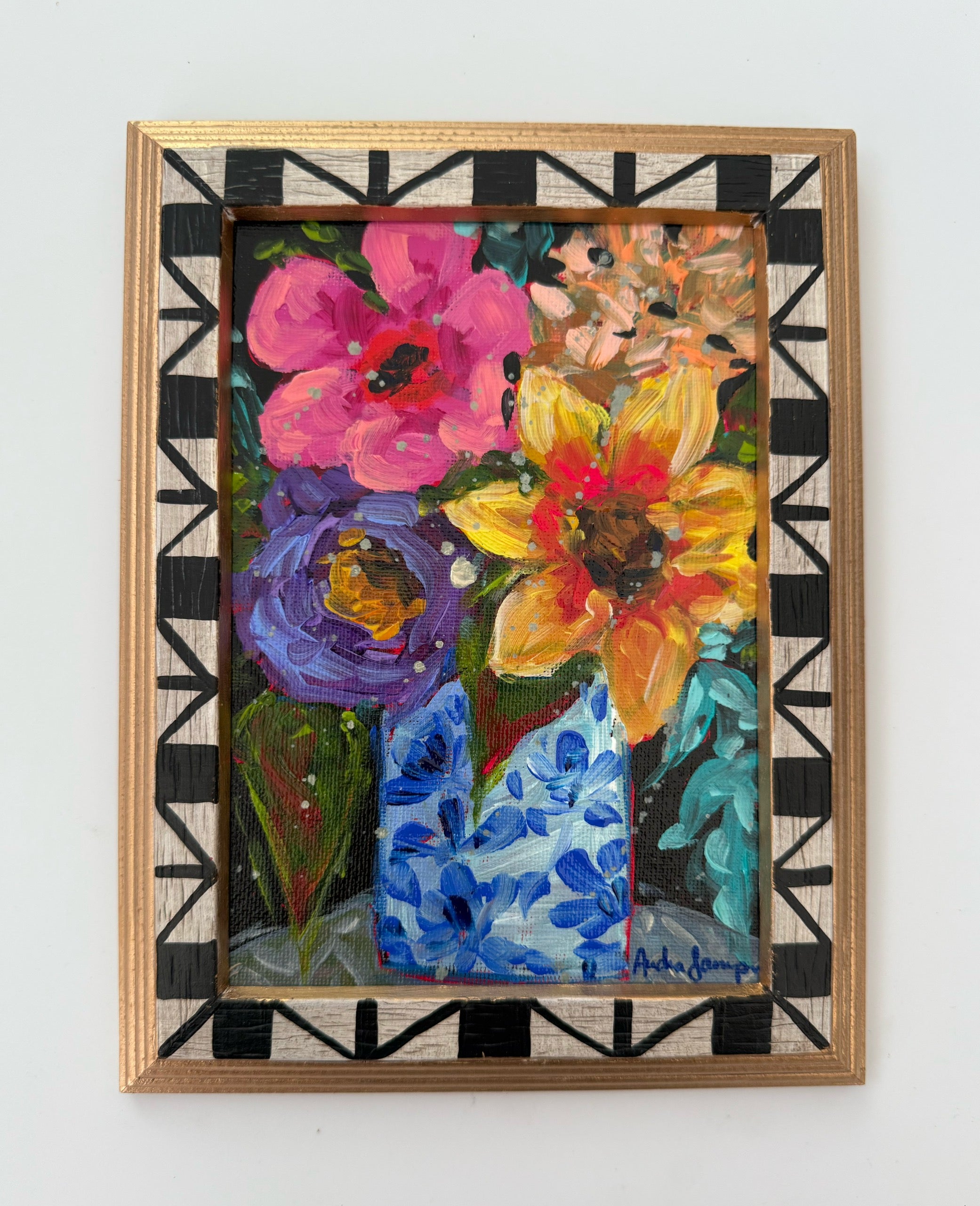 Framed Original Floral Painting on Canvas - Mixed Blooms on Black