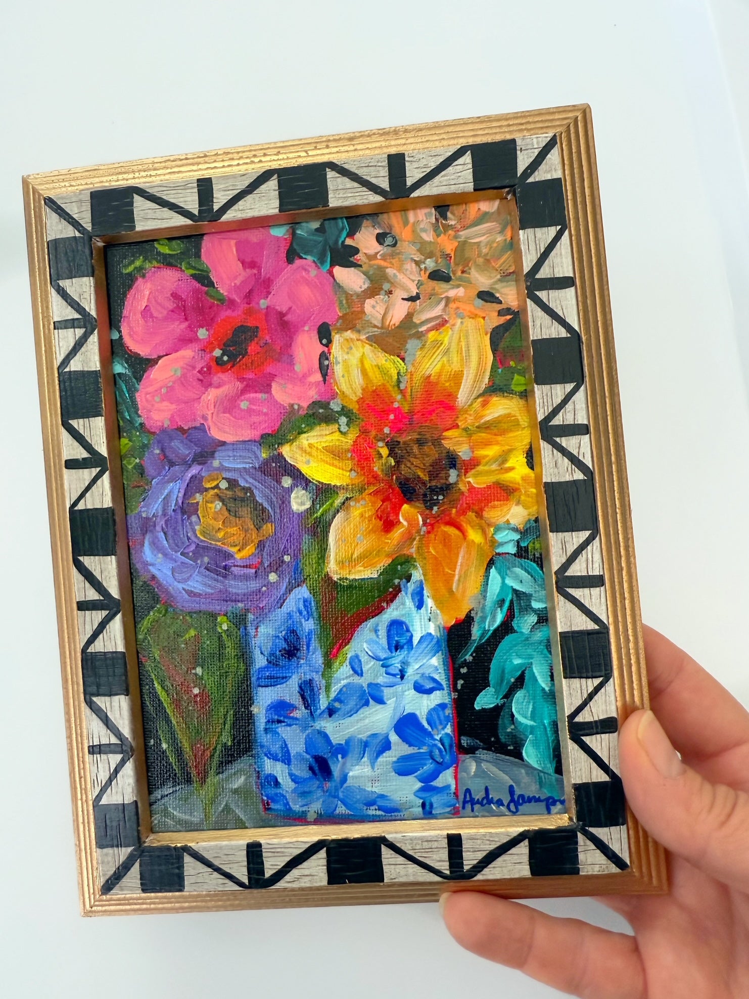Framed Original Floral Painting on Canvas - Mixed Blooms on Black