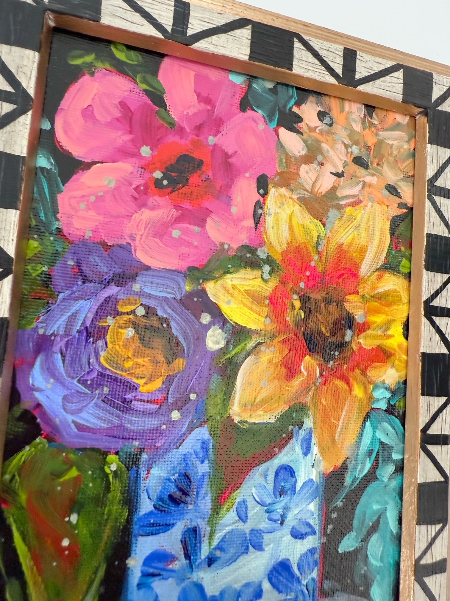 Framed Original Floral Painting on Canvas - Mixed Blooms on Black