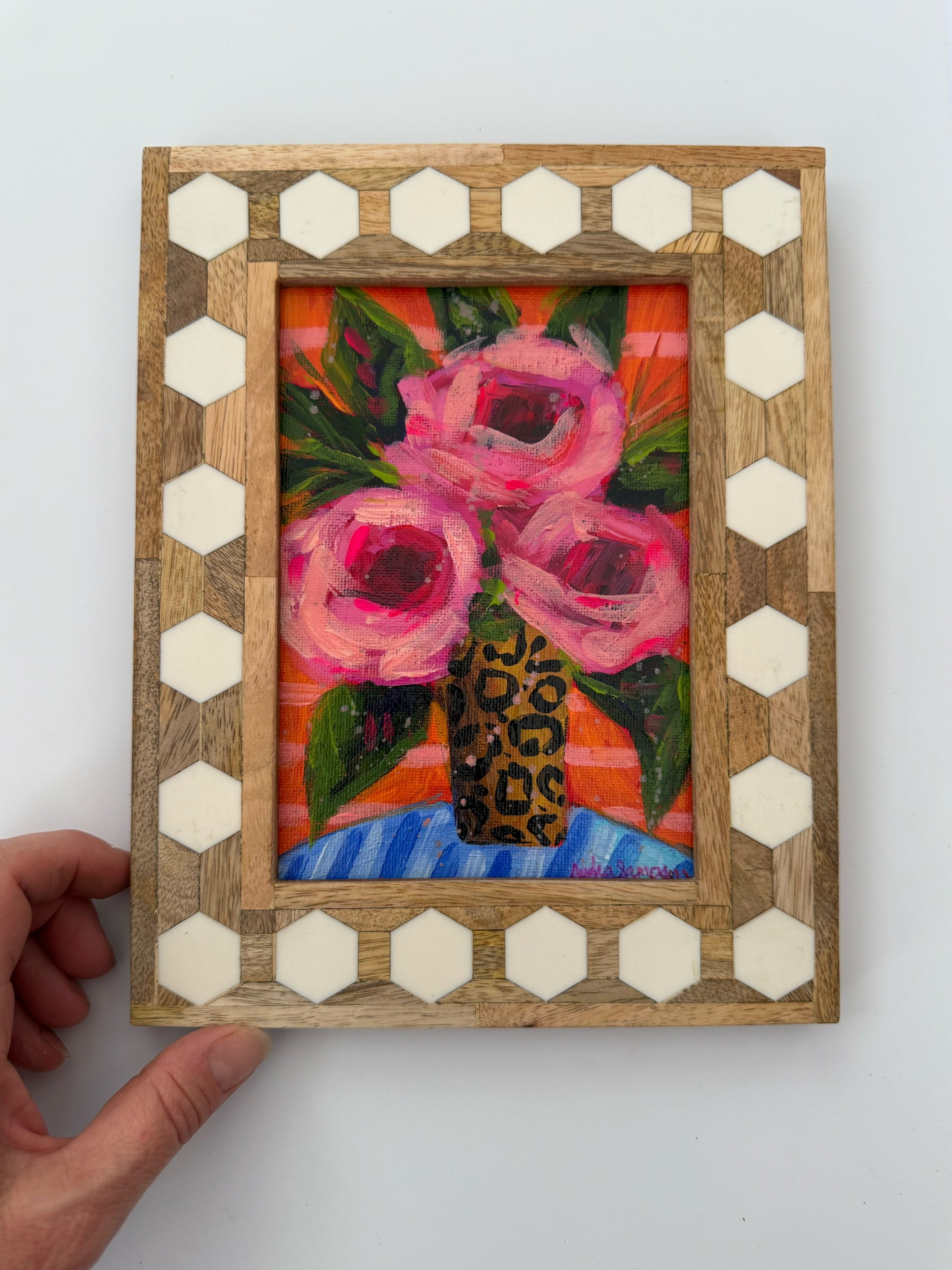 Framed Original Floral Painting on Canvas - Pink Roses with Striped Background