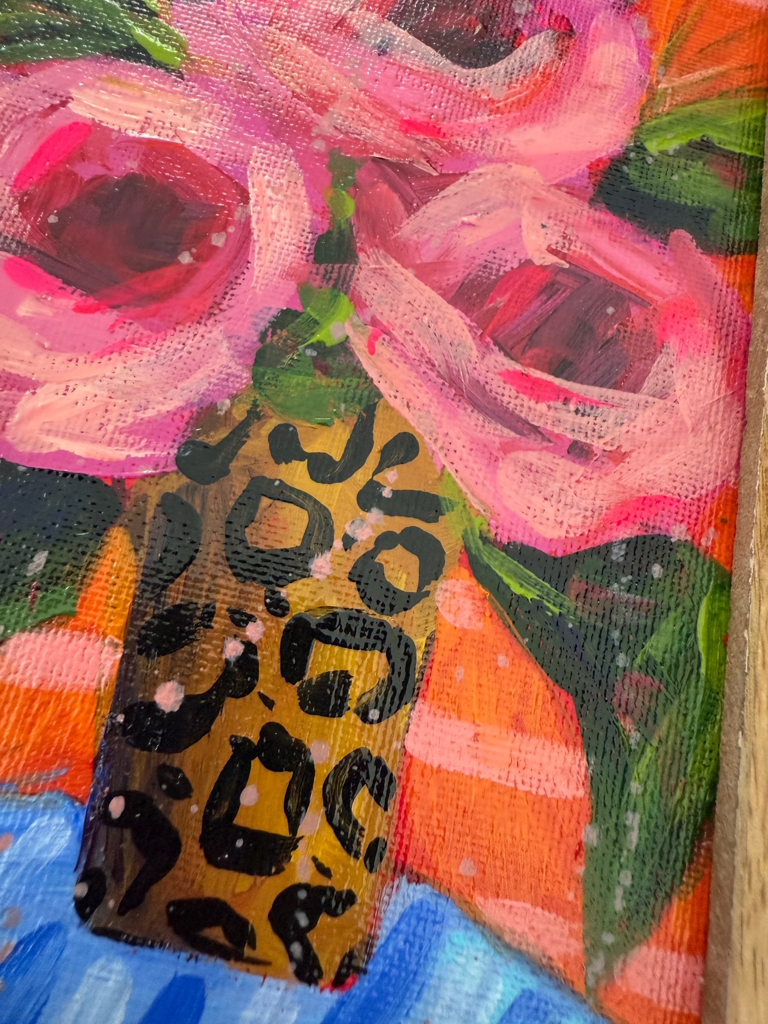 Framed Original Floral Painting on Canvas - Pink Roses in Cheetah Vase