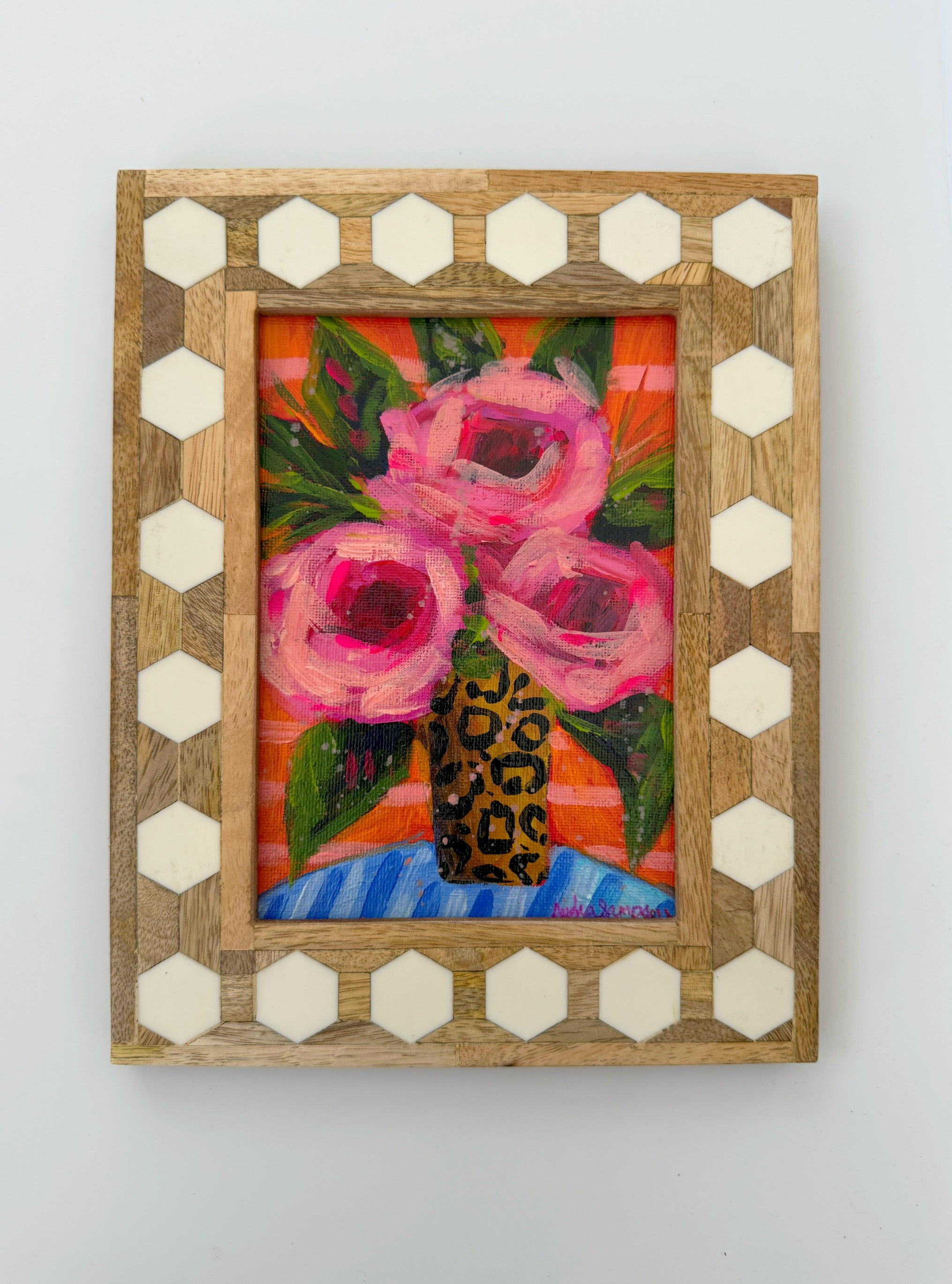 Framed Original Floral Painting on Canvas - Pink Roses with Striped Background