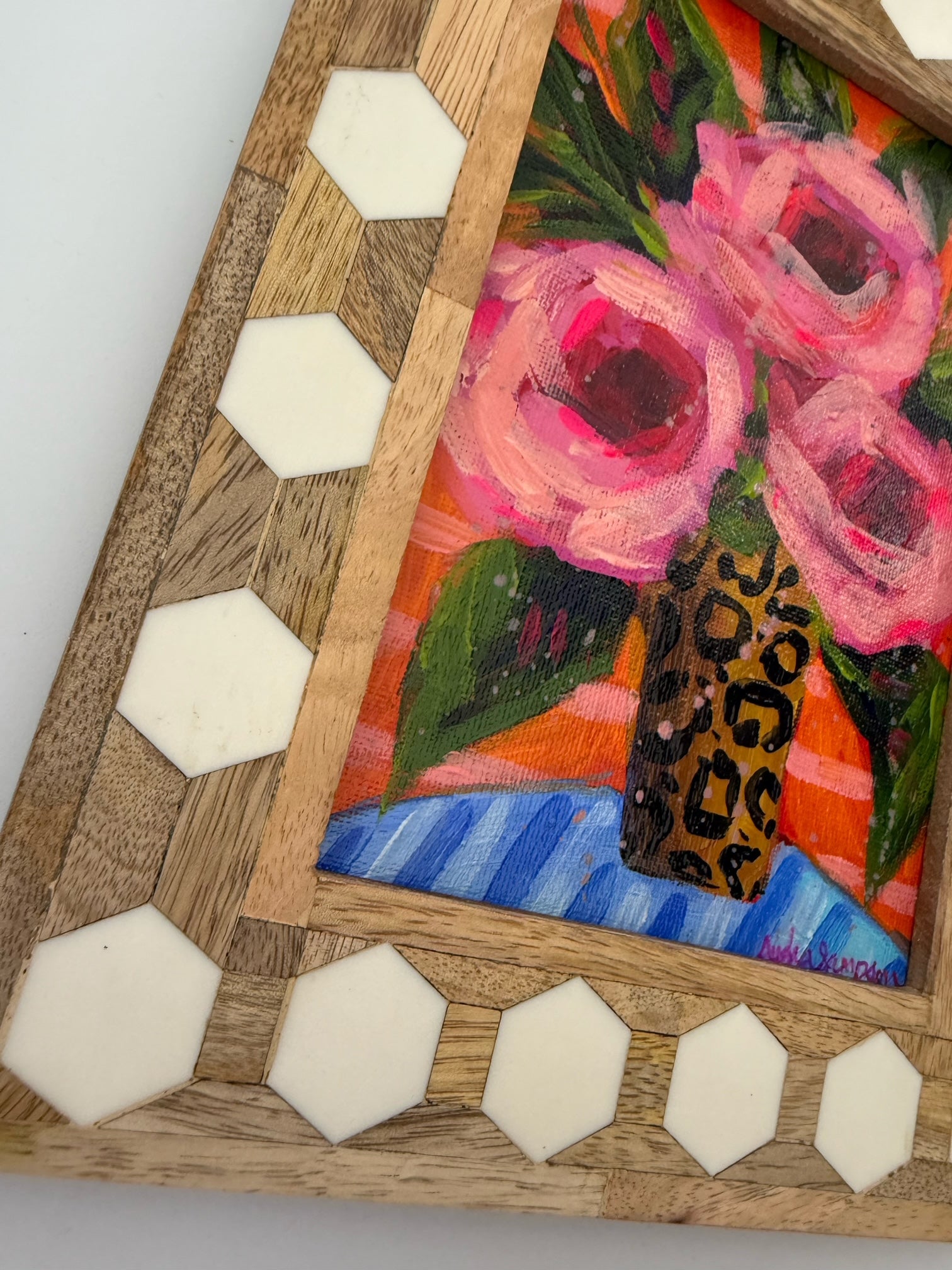 Framed Original Floral Painting on Canvas - Pink Roses with Striped Background