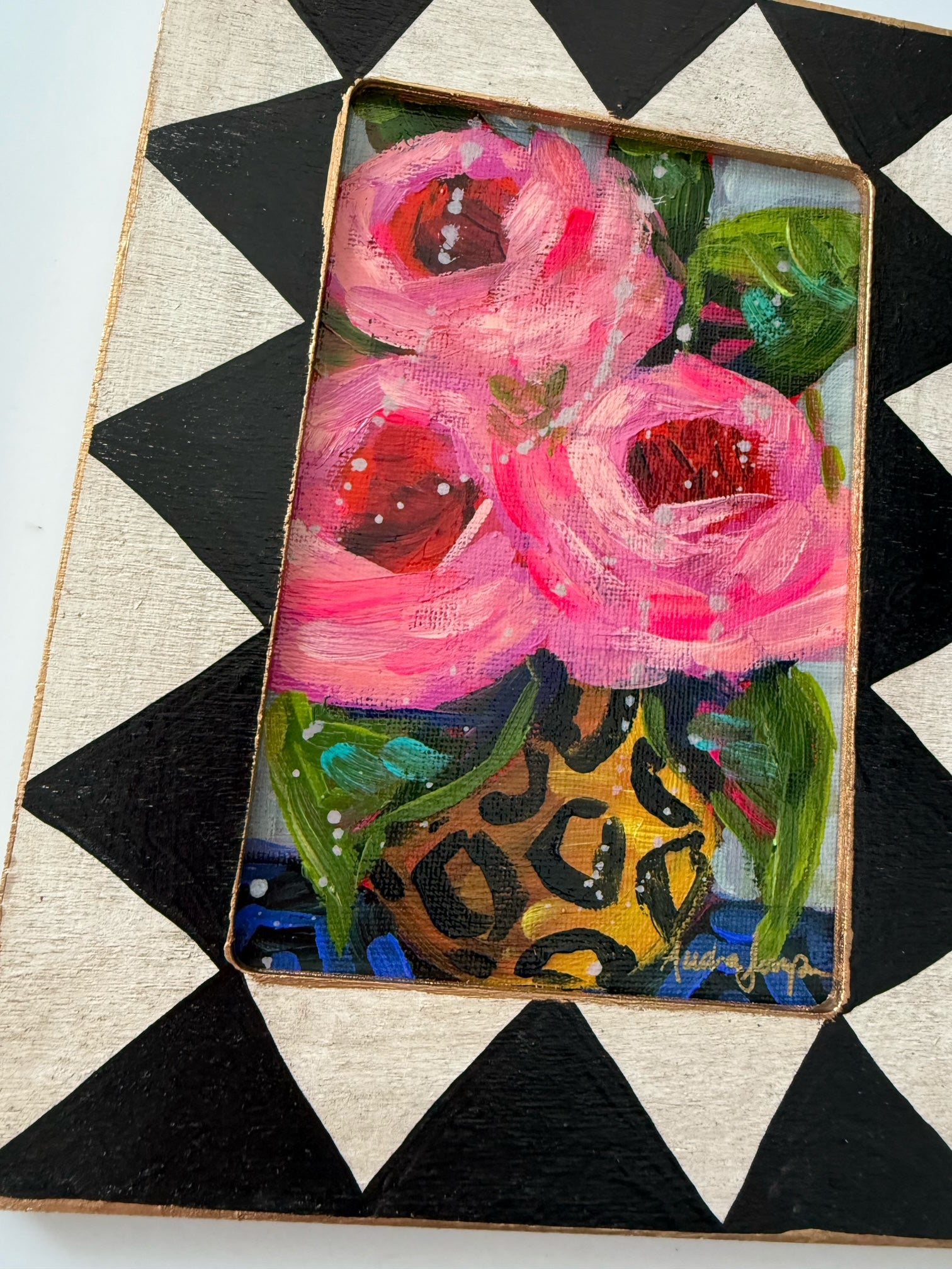 Framed Original Floral Painting on Canvas - Pink Roses in Cheetah Vase
