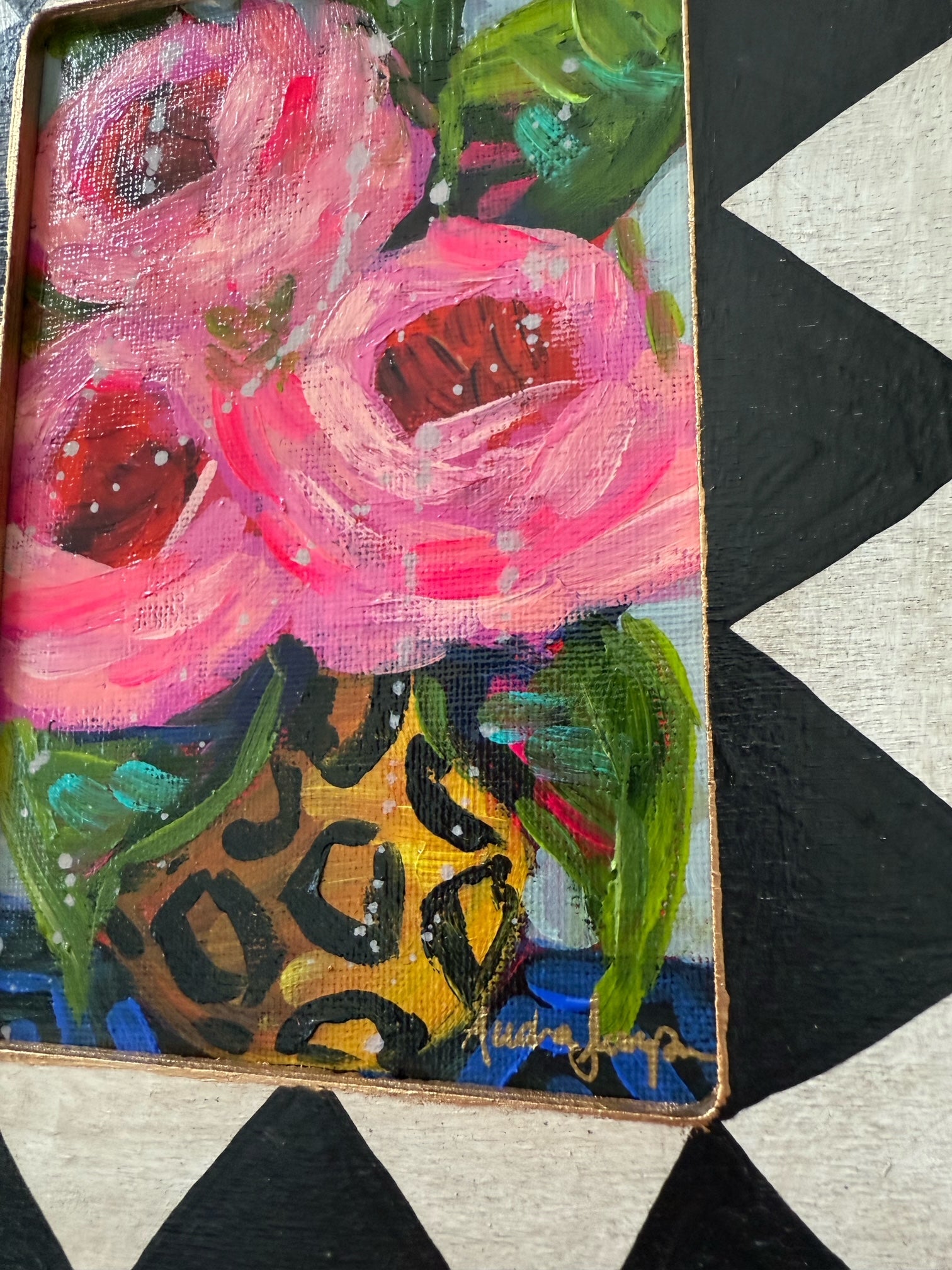 Framed Original Floral Painting on Canvas - Pink Roses in Cheetah Vase