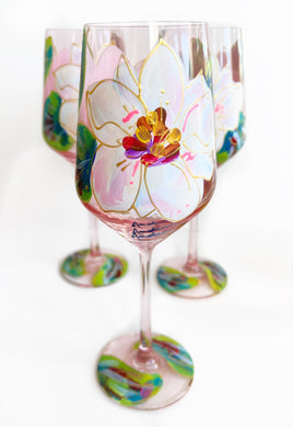 Hand Painted Magnolia Pink Wine Glass