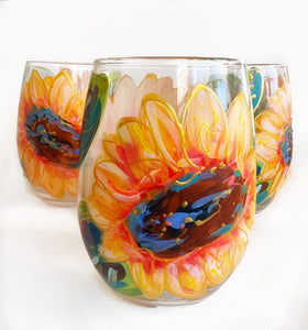 Hand Painted Sunflower Stemless Wine Glass