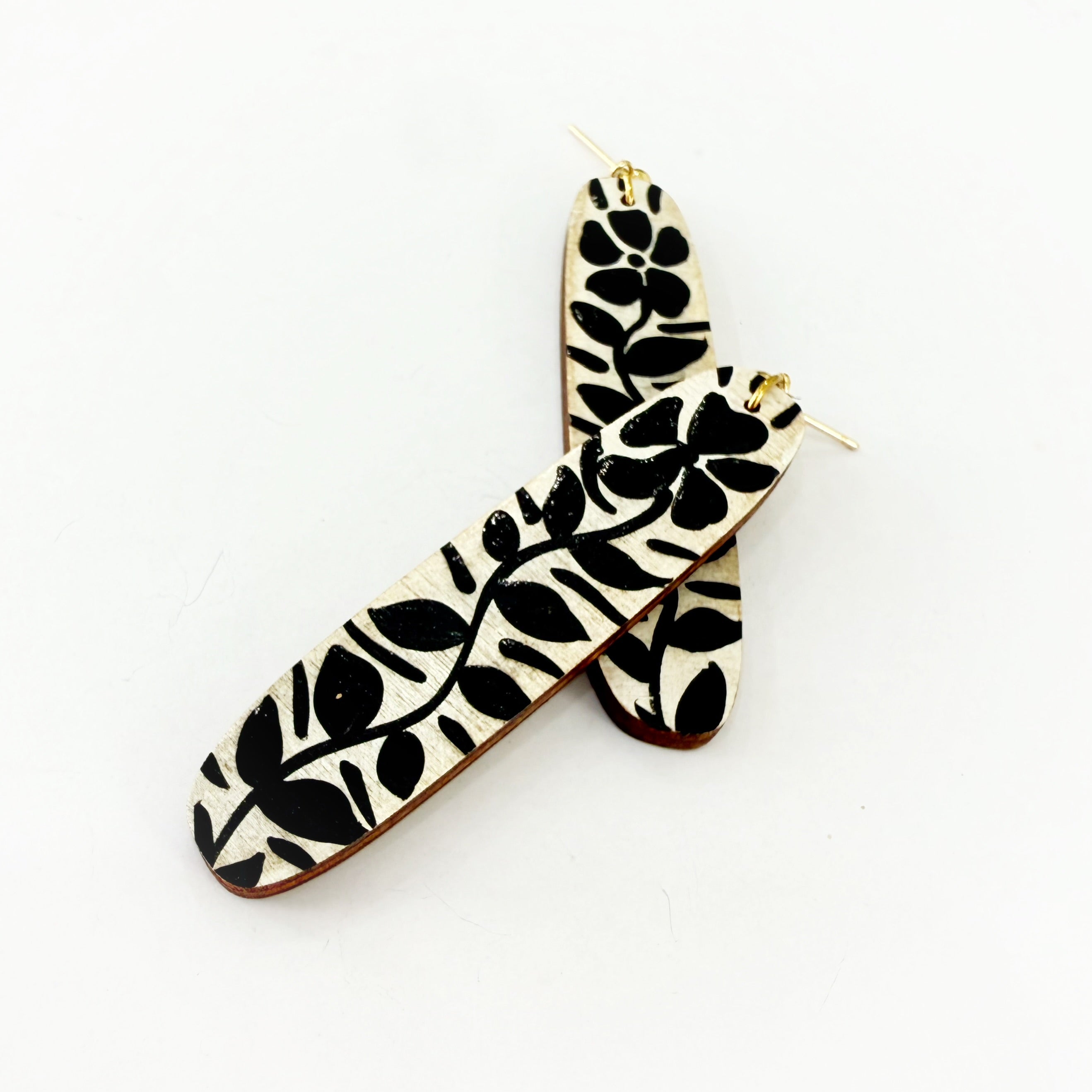 Black and White Hand Painted Folk Art Dangle Earrings