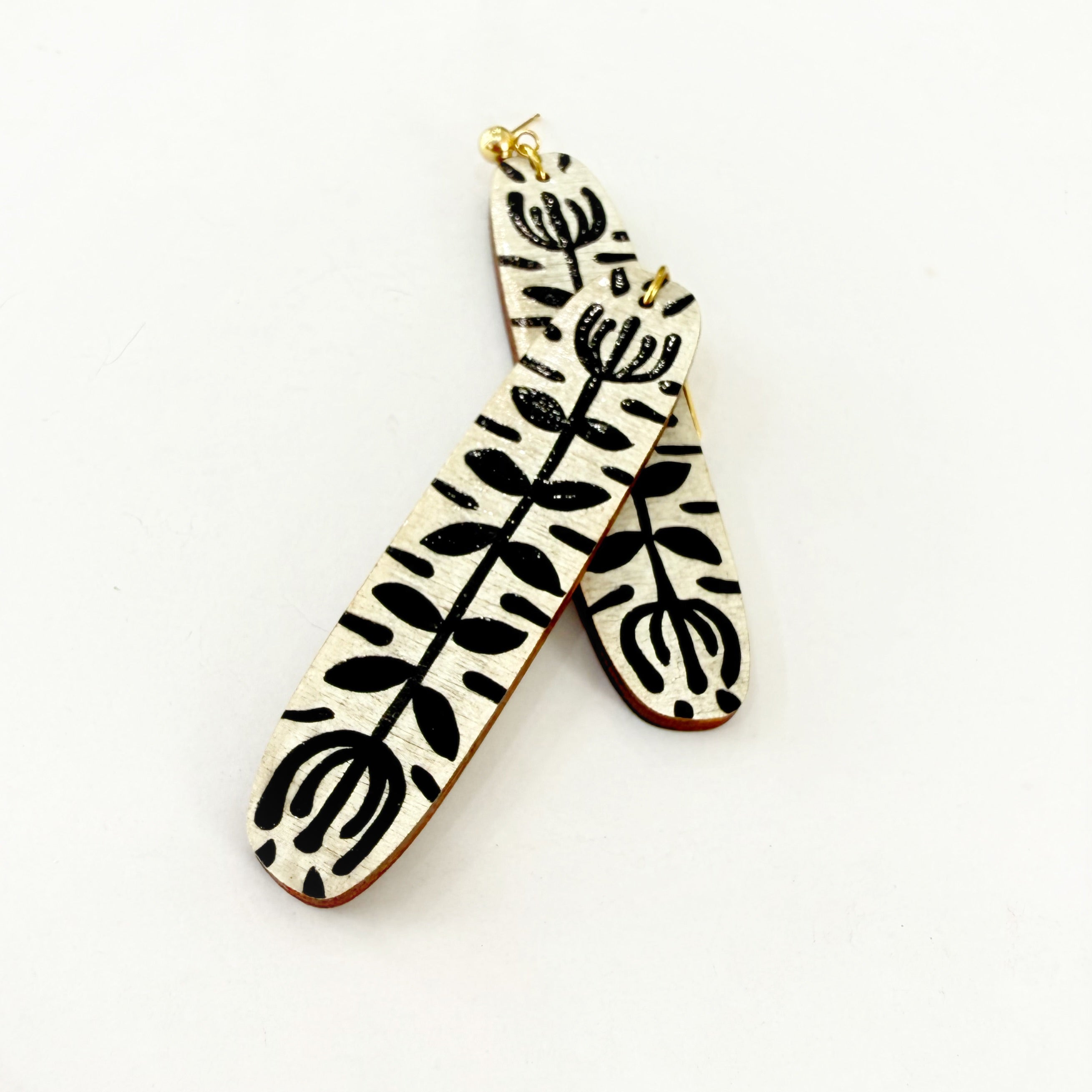 Black and White Hand Painted Folk Art Dangle Earrings
