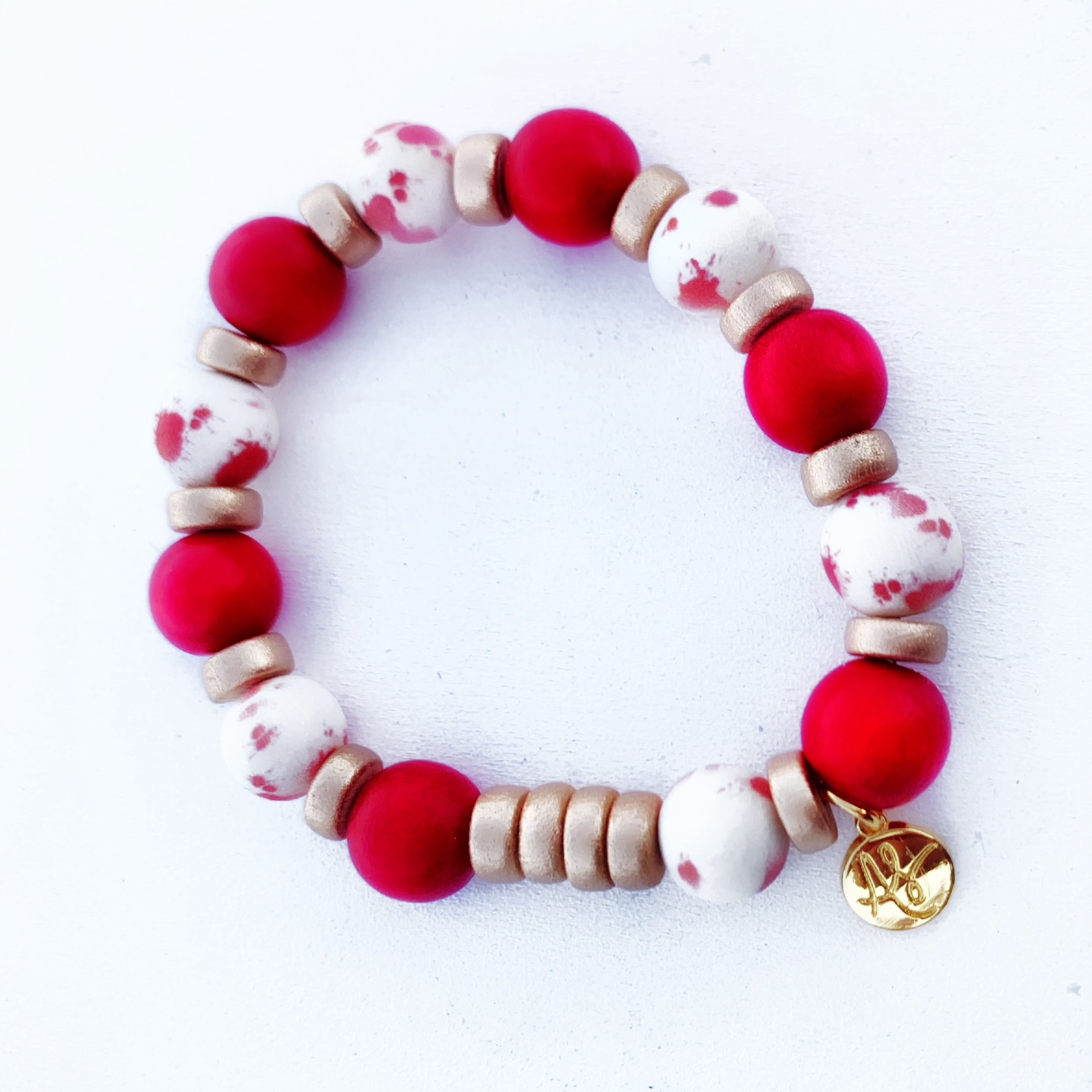 Christmas Bracelet - Audra Style™ Stacking Bracelet - White Splatter Gold Red