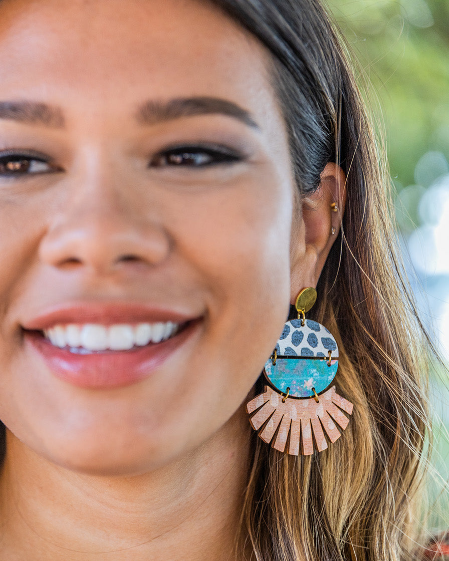 Roxie - Black Dot Teal Sweetgrass Floral Print Caramel Pattern Earring