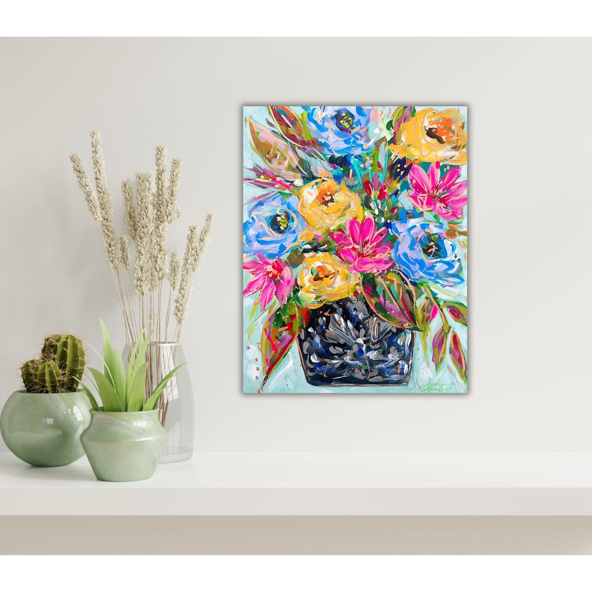Colorful Bouquet in Black and White Vase 11x14" Original Painting on Canvas