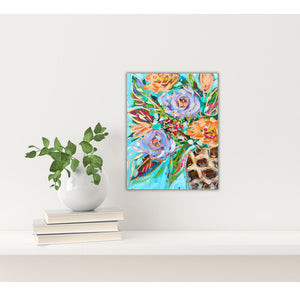 Purple Orange Floral Leopard Vase Reproduction Print - On Paper or Canvas