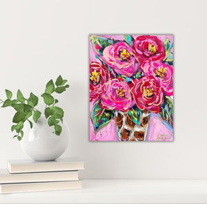 Red and Pink Roses Leopard Vase 8x10" Original Painting on Canvas