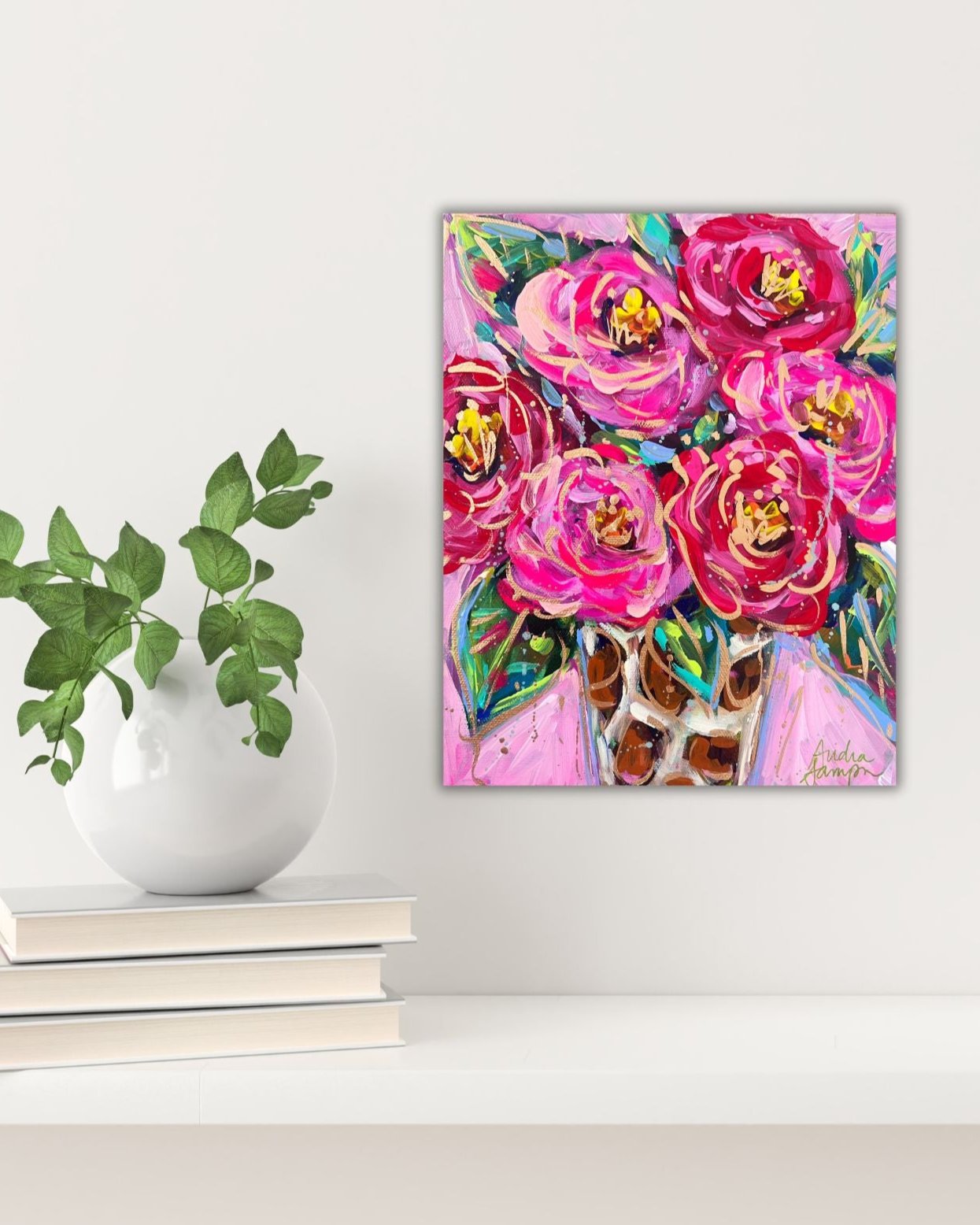 Red Pink Leopard Bouquet Art Print on Paper or Canvas - Maximalist Decor, Pink Wall Art