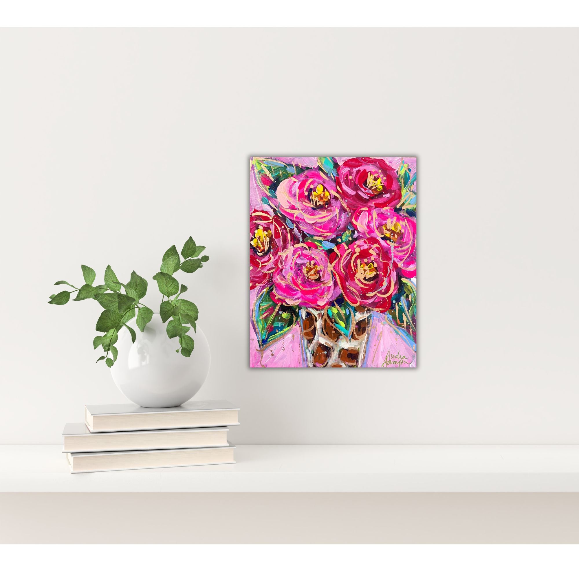 Red Pink Roses Leopard Vase Reproduction Print - On Paper or Canvas