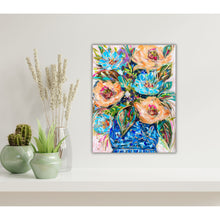 Load image into Gallery viewer, Blue and Orange Flowers in Blue and White Vase 11x14&quot; Original Painting on Canvas