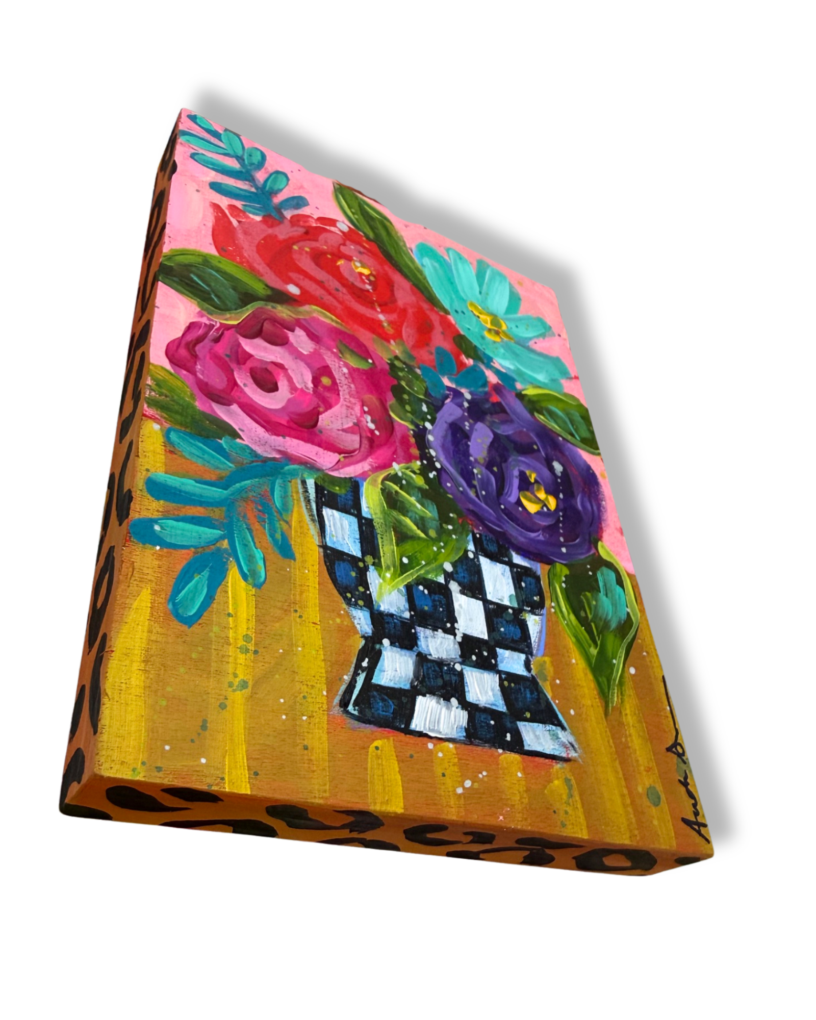Black Check Vase Floral Bouquet Original 5x7 Painting | Whimsical Home Decor Art