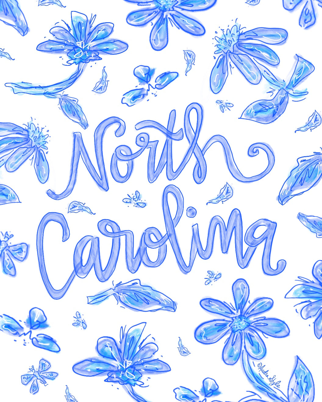 Blue and White North Carolina Floral Reproduction Print