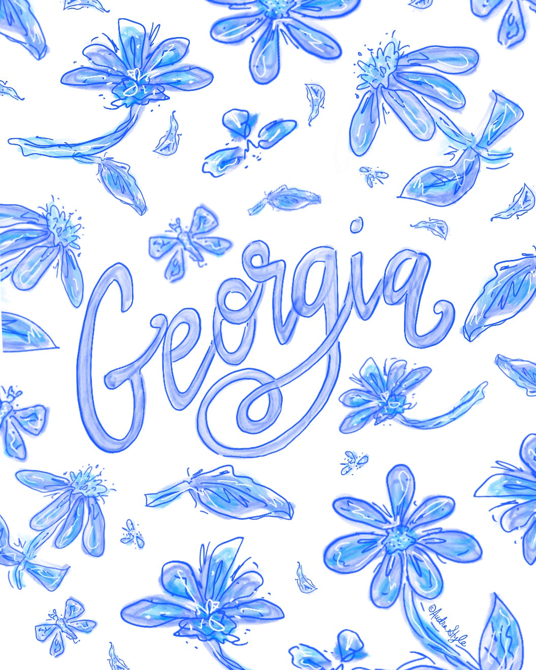 Blue and White Georgia Floral Reproduction Print