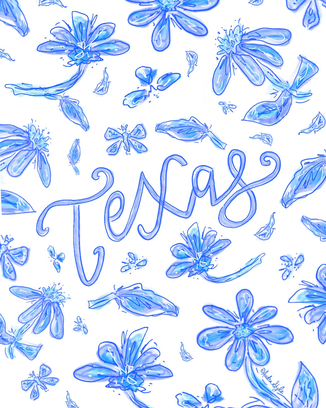 Blue and White Texas Floral Reproduction Print