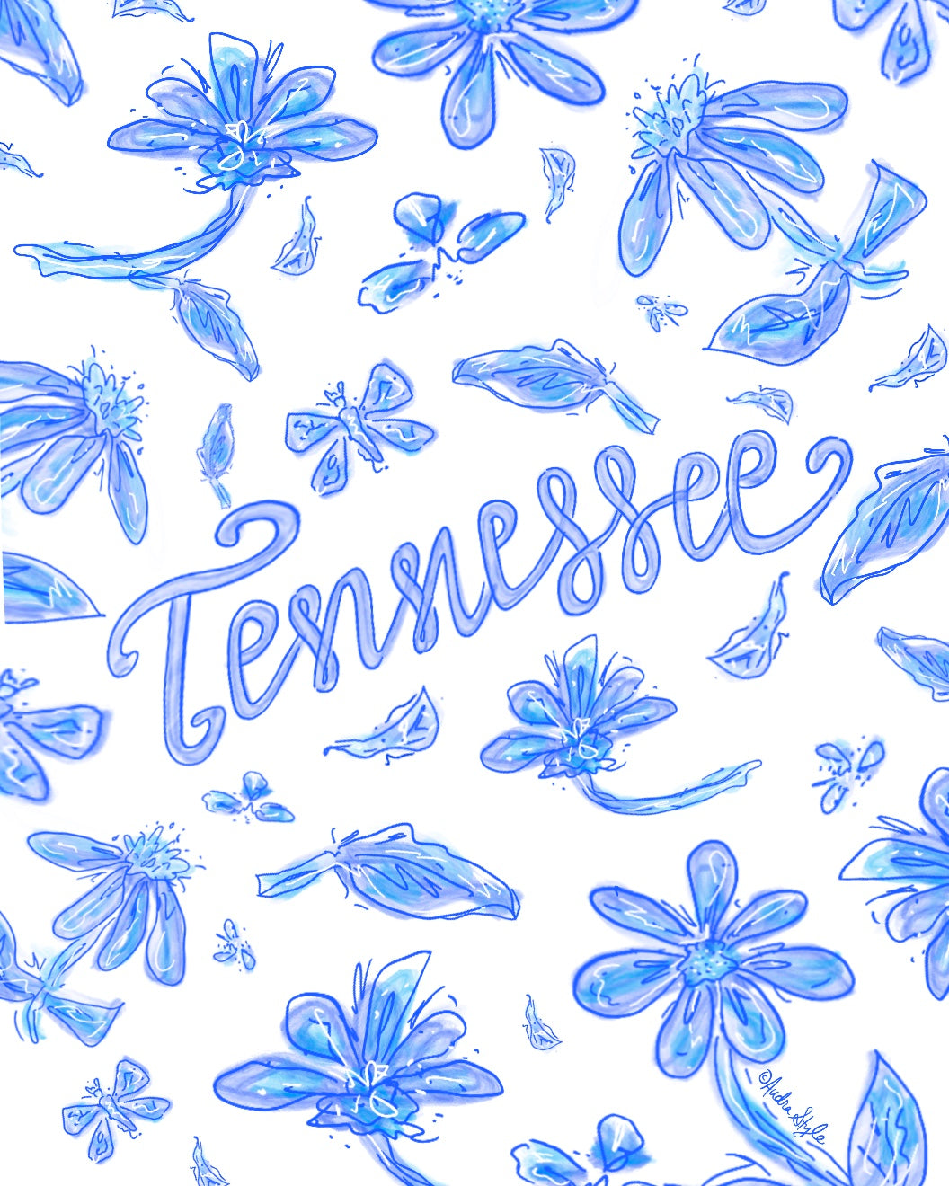 Blue and White Tennessee Floral Reproduction Print