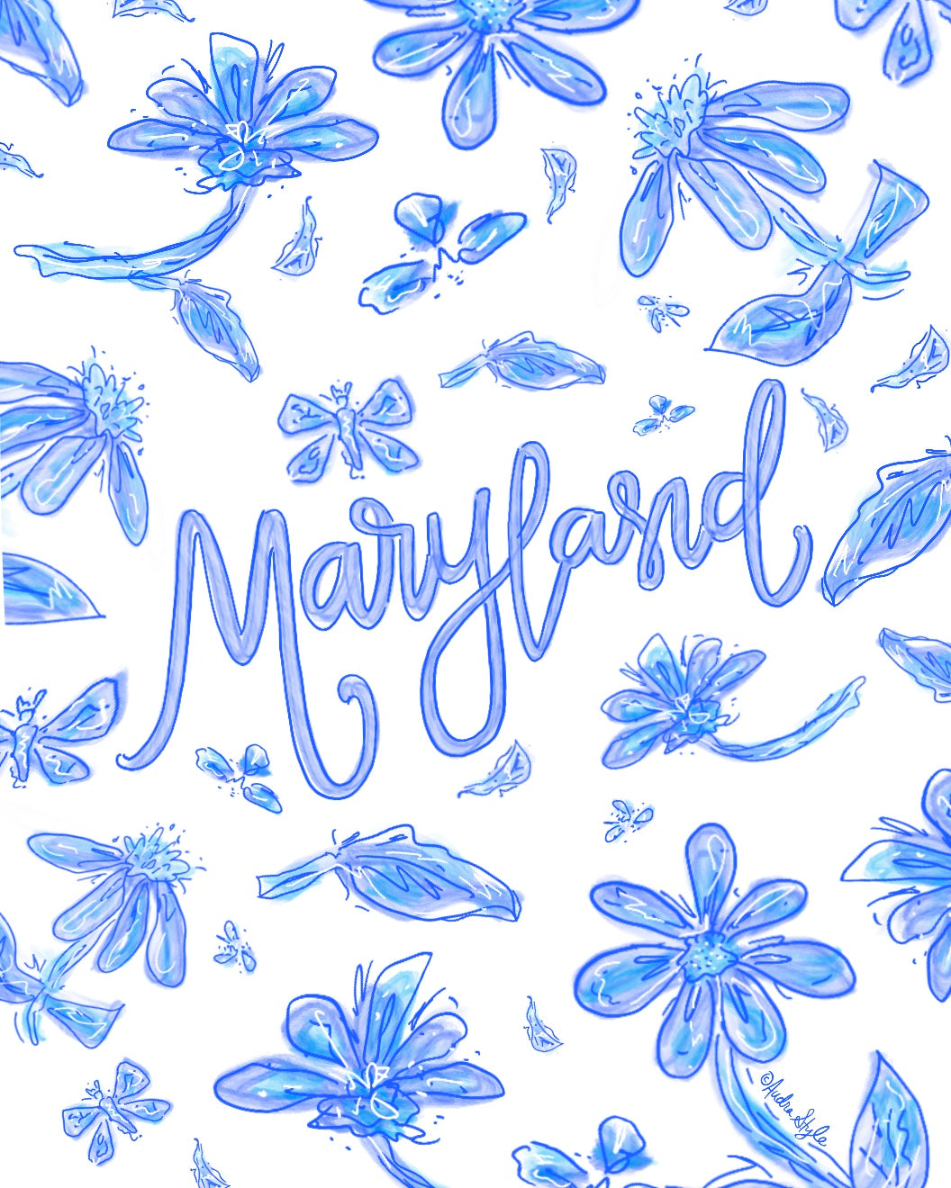 Blue and White Maryland Floral Reproduction Print