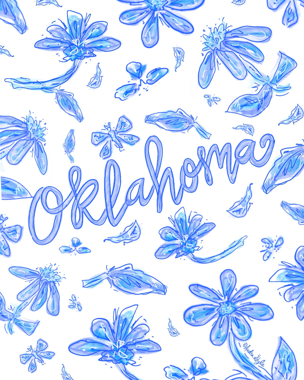 Blue and White Oklahoma Floral Reproduction Print