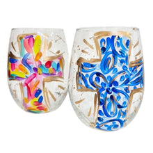 Load image into Gallery viewer, Blue and White Cross Stemless Wine Glass