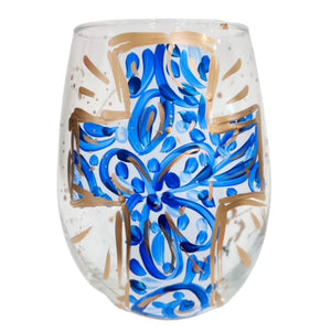 Blue and White Cross Stemless Wine Glass