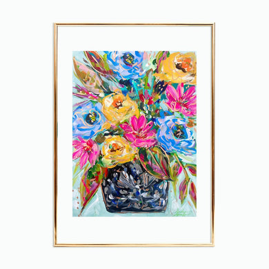 Colorful Floral Black and White Vase Reproduction Print - On Paper or Canvas