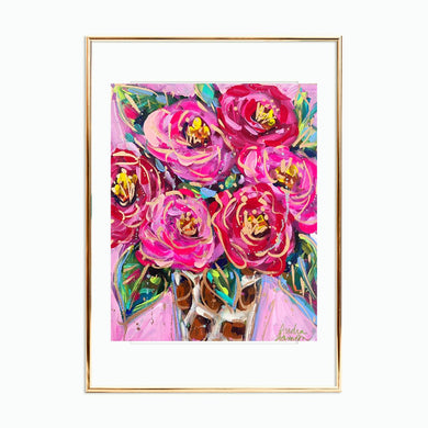 Red Pink Roses Leopard Vase Reproduction Print - On Paper or Canvas